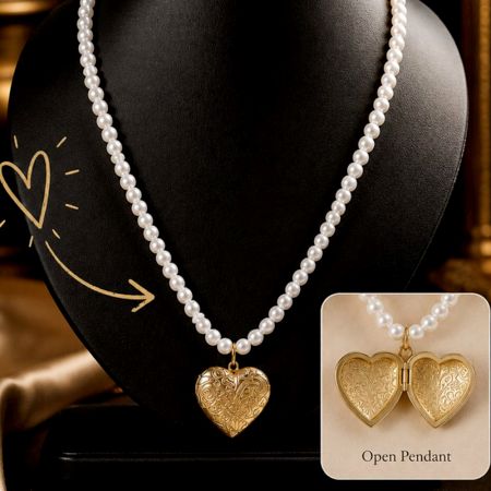 Handcrafted White Pearl Brass Heart Locket Necklace